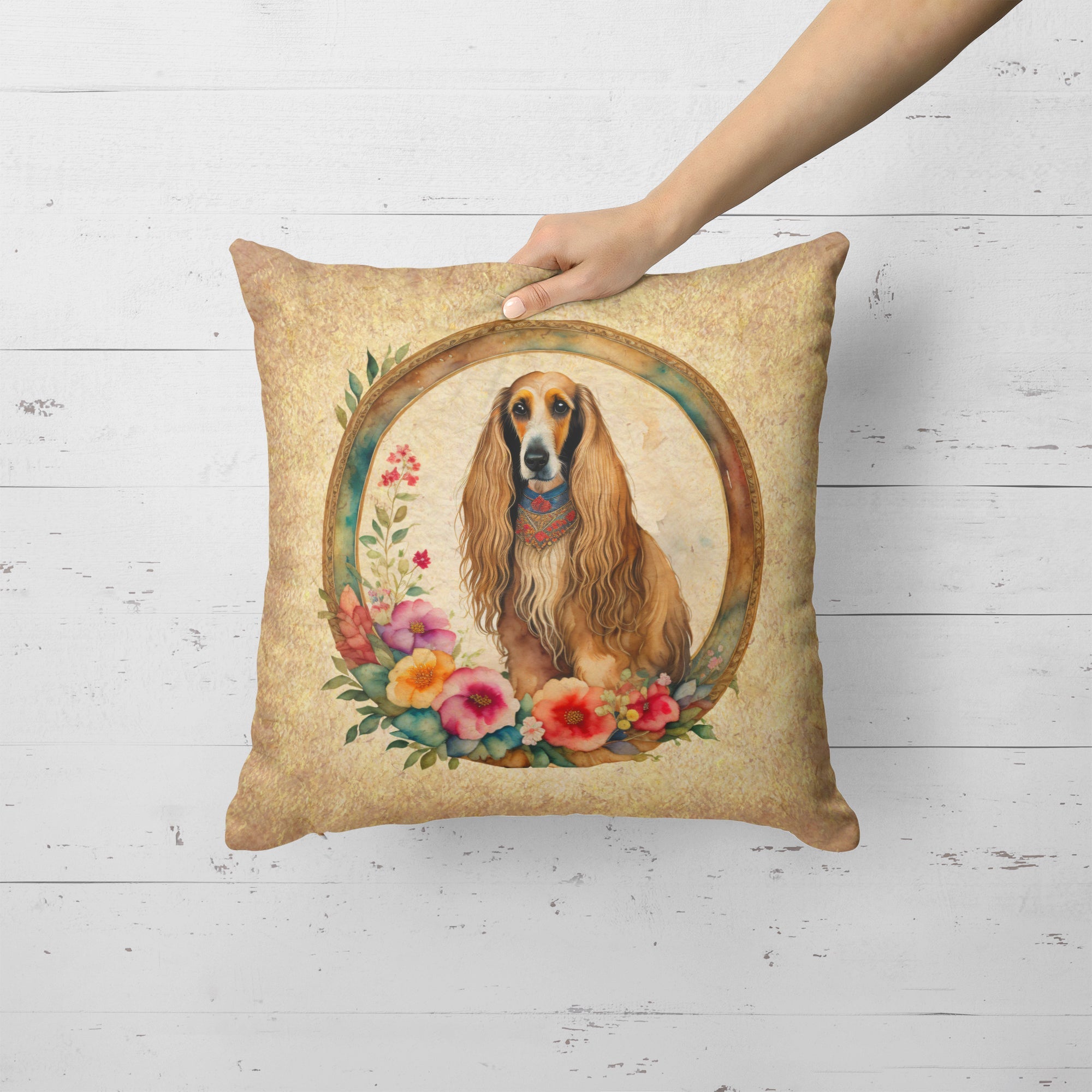 Afghan Hound and Flowers Decorative Throw Pillow 18x18 Indoor Outdoor Accent Cushion, Fabric Cover with Insert for Sofa, Bed, Porch & Living Room