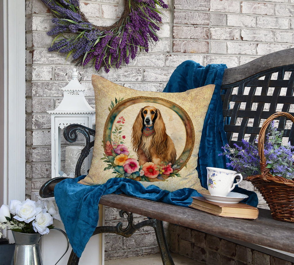 Afghan Hound and Flowers Decorative Throw Pillow 18x18 Indoor Outdoor Accent Cushion, Fabric Cover with Insert for Sofa, Bed, Porch & Living Room