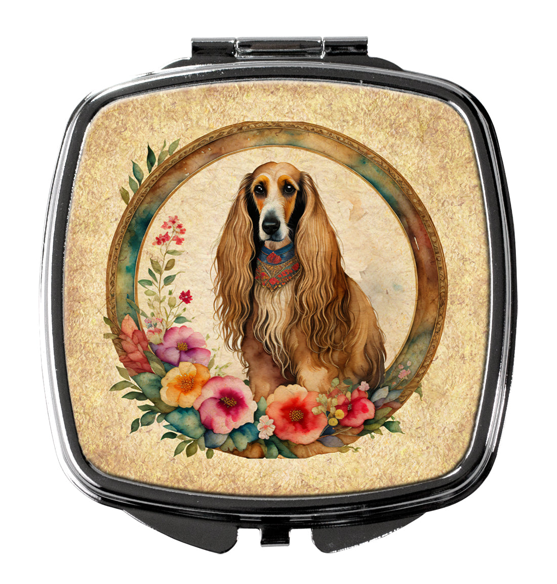 Afghan Hound and Flowers Compact Mirror Decorative Travel Makeup Mirror for Women Girls Gifts Pocket Makeup Mirror Folding Handheld
