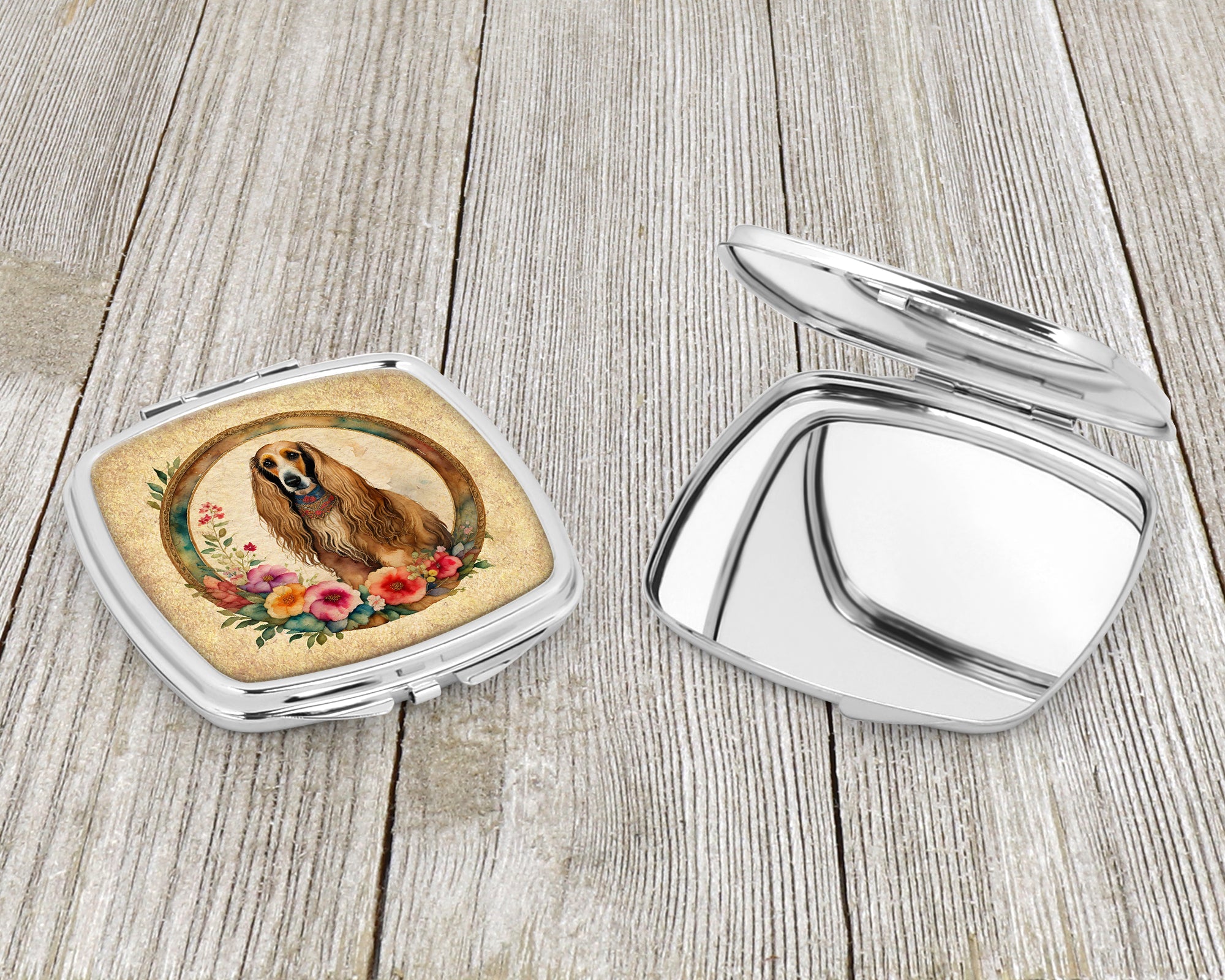 Afghan Hound and Flowers Compact Mirror Decorative Travel Makeup Mirror for Women Girls Gifts Pocket Makeup Mirror Folding Handheld