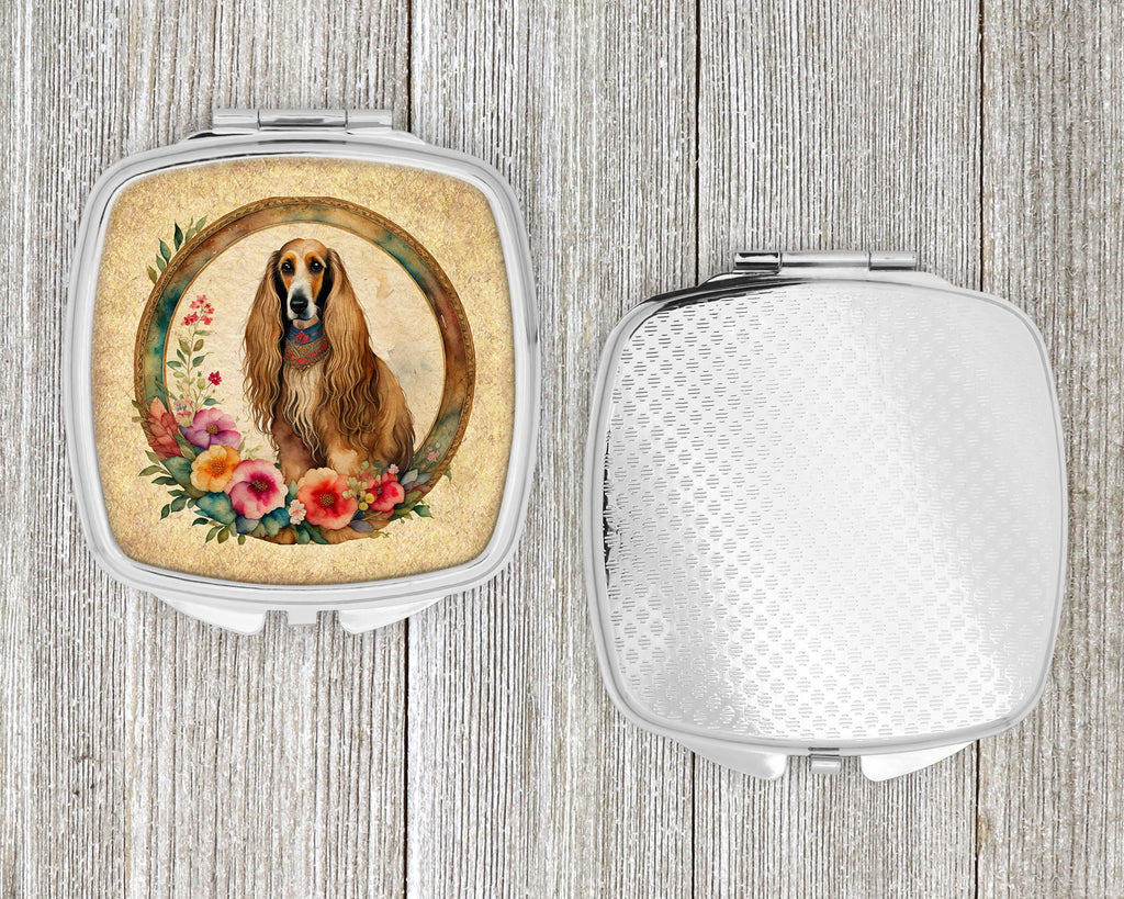 Afghan Hound and Flowers Compact Mirror Decorative Travel Makeup Mirror for Women Girls Gifts Pocket Makeup Mirror Folding Handheld