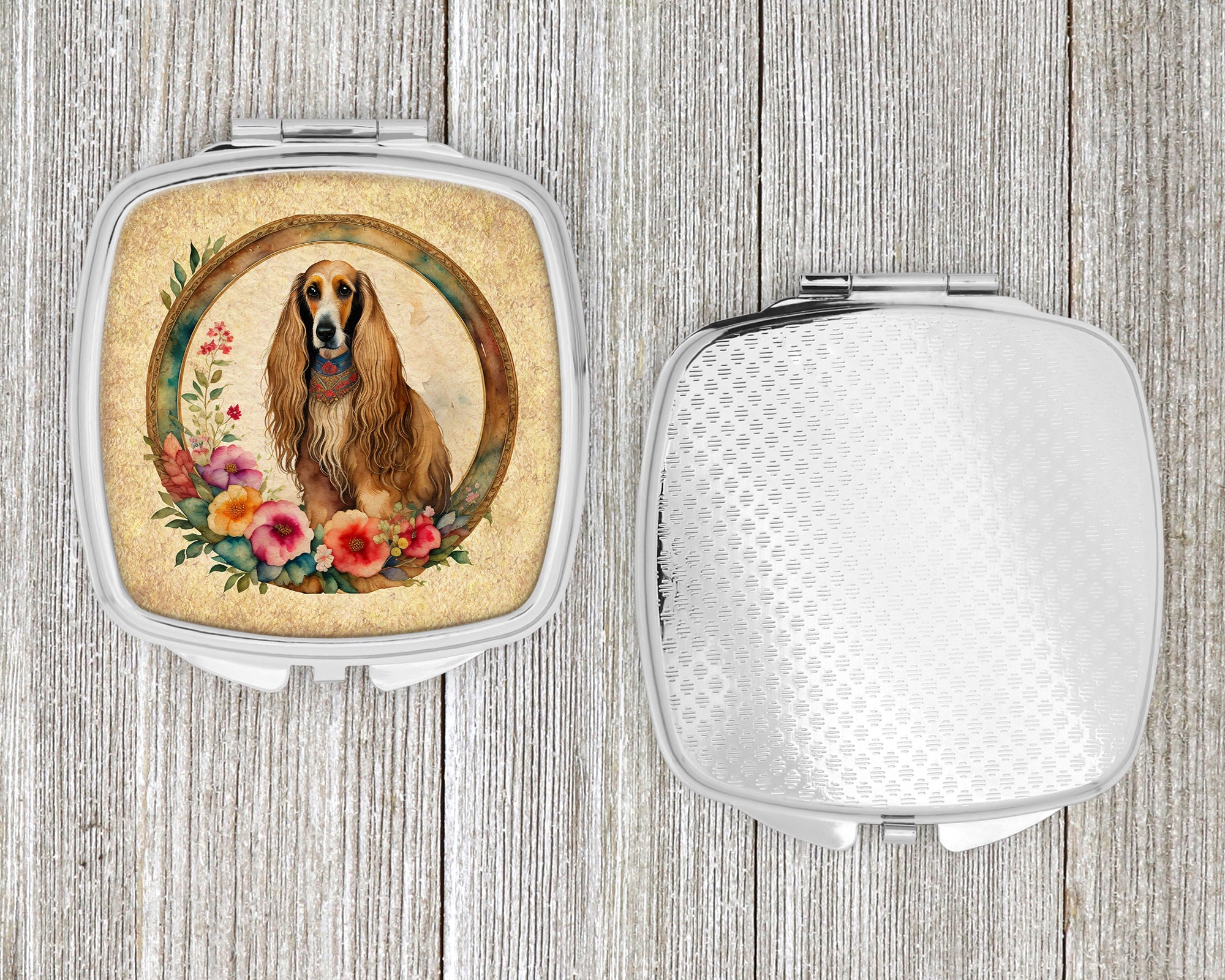 Afghan Hound and Flowers Compact Mirror Decorative Travel Makeup Mirror for Women Girls Gifts Pocket Makeup Mirror Folding Handheld
