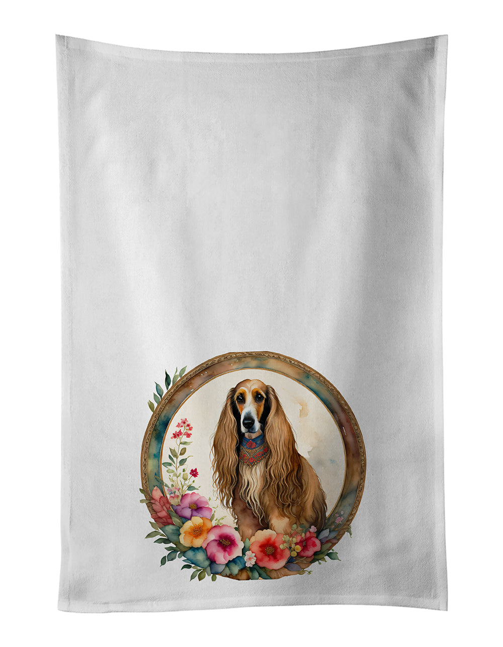 Afghan Hound and Flowers Kitchen Towel Set of 2 White Dish Towels Decorative Bathroom Hand towel for Hand, Face, Hair, Yoga, Tea, Dishcloth, 19 X 28", White