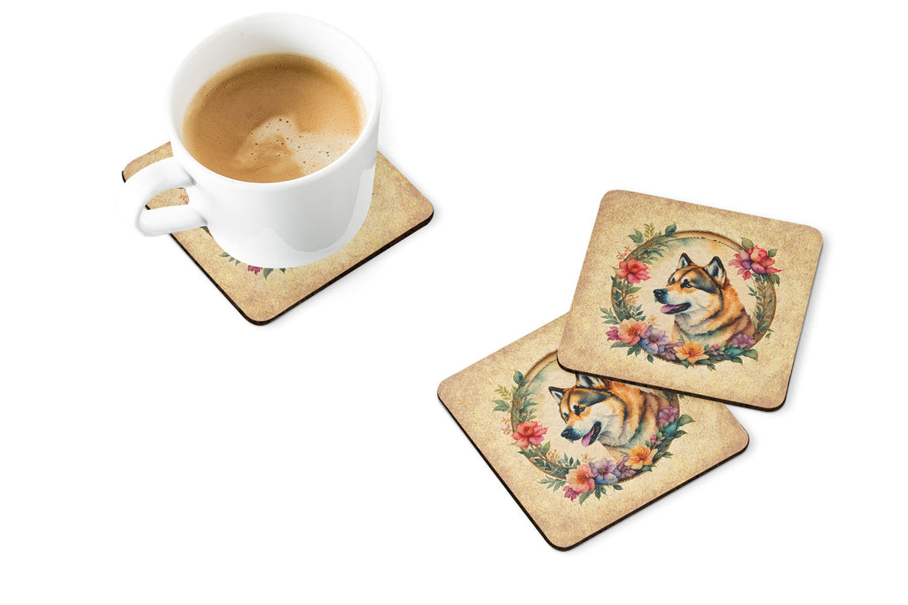 Akita and Flowers Foam Coasters Set of 4 Cup Coasters for Indoor Outdoor, Tabletop Protection, Anti Slip, Mouse pad Material