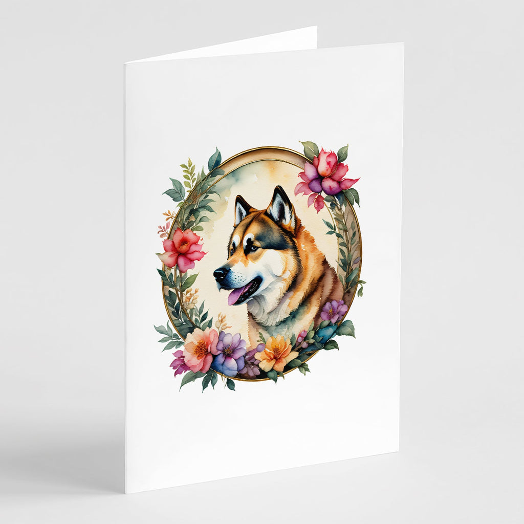 Akita and Flowers Greeting Cards Pack of 8 Blank Cards with Envelopes Whimsical A7 Size 5x7