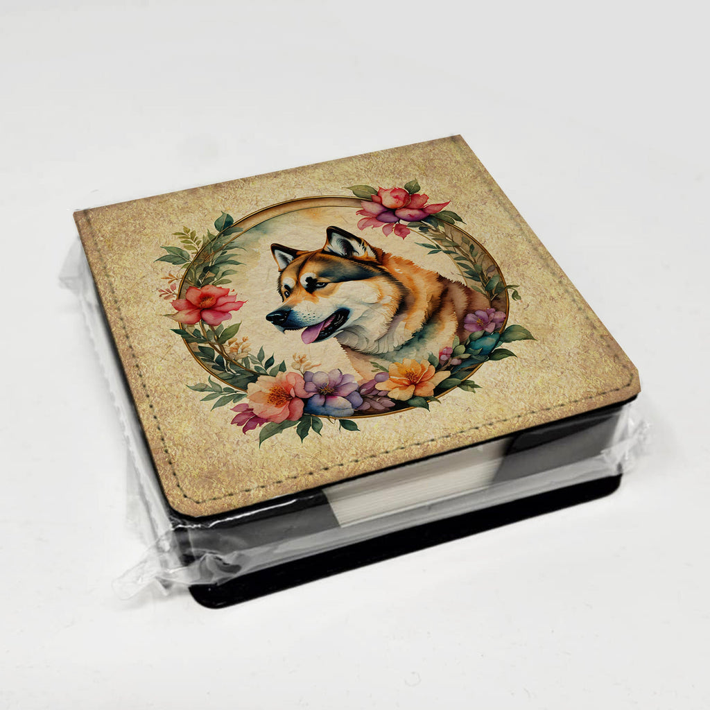 Akita and Flowers PU Leather Note Paper Holder with Artist-Designed Cover, Desk Accessory, Office Gift