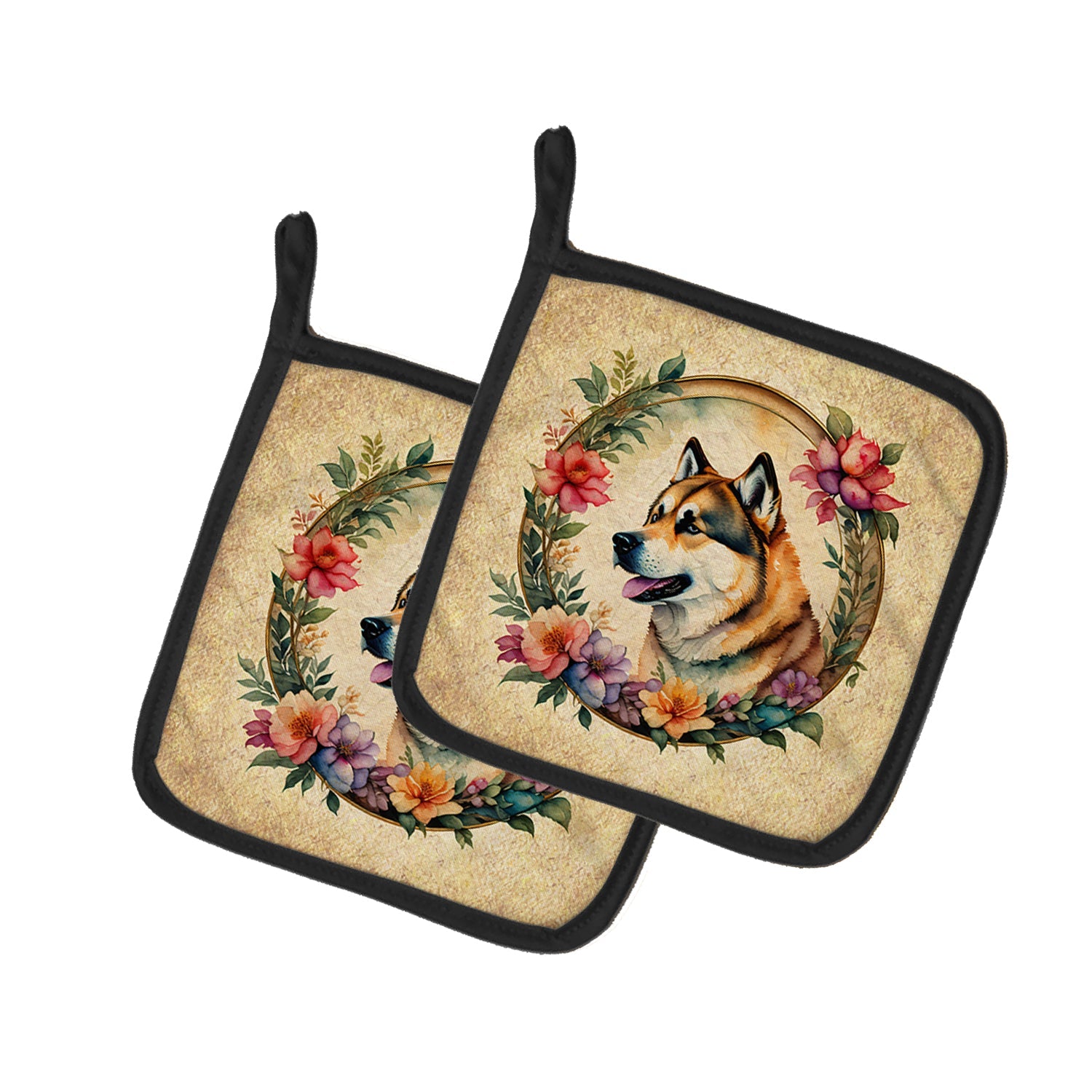 Akita and Flowers Pot Holder Set of 2 Heat Resistant Quilted Hot Pads 7.5 x 7.5 Inch, Insulated Kitchen Trivets for Cooking & Baking