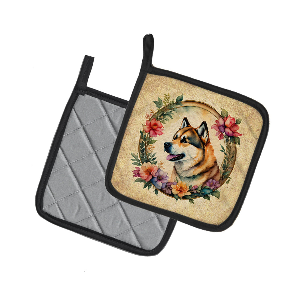 Akita and Flowers Pot Holder Set of 2 Heat Resistant Quilted Hot Pads 7.5 x 7.5 Inch, Insulated Kitchen Trivets for Cooking & Baking