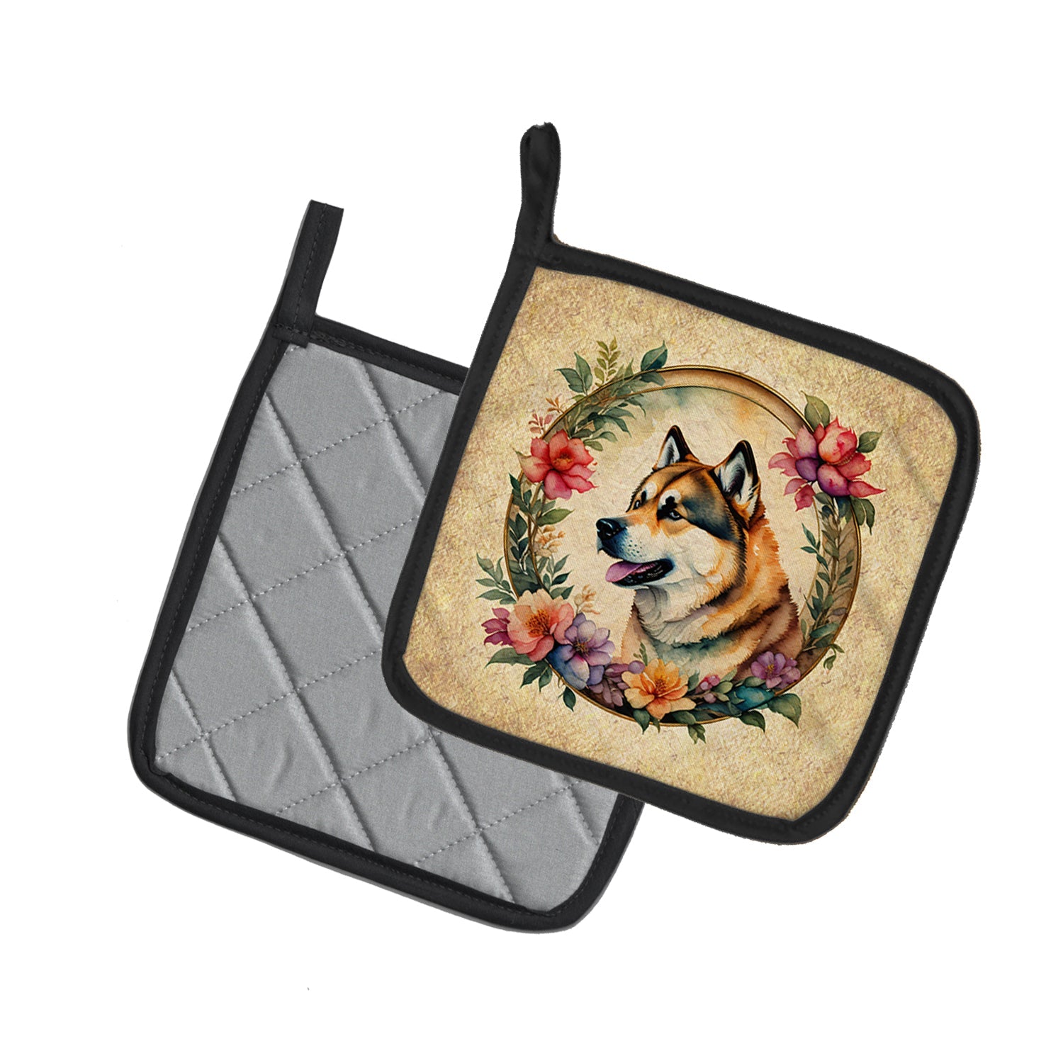 Akita and Flowers Pot Holder Set of 2 Heat Resistant Quilted Hot Pads 7.5 x 7.5 Inch, Insulated Kitchen Trivets for Cooking & Baking