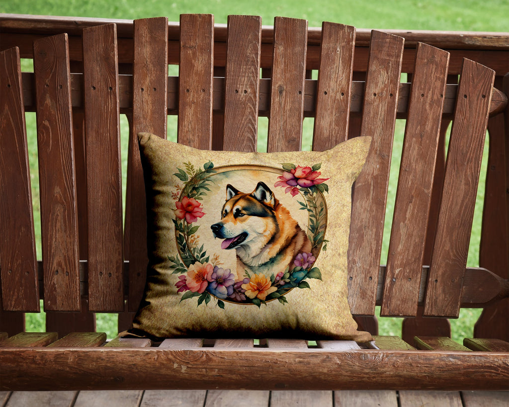 Akita and Flowers Decorative Throw Pillow 14x14 Indoor Outdoor Accent Cushion, Fabric Cover with Insert for Sofa, Bed, Porch & Living Room
