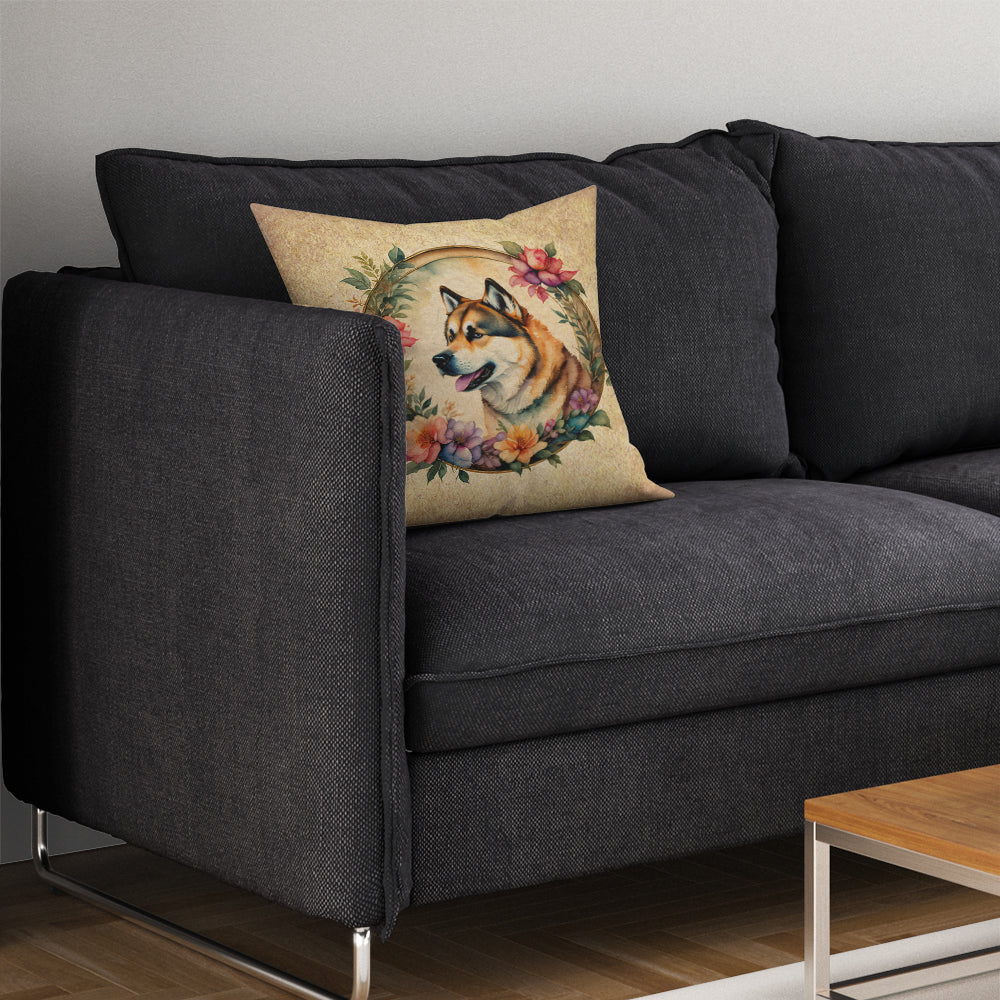 Akita and Flowers Decorative Throw Pillow 14x14 Indoor Outdoor Accent Cushion, Fabric Cover with Insert for Sofa, Bed, Porch & Living Room
