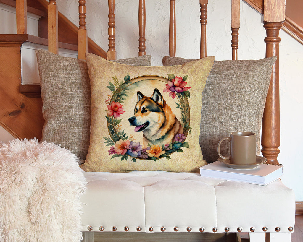 Akita and Flowers Decorative Throw Pillow 14x14 Indoor Outdoor Accent Cushion, Fabric Cover with Insert for Sofa, Bed, Porch & Living Room