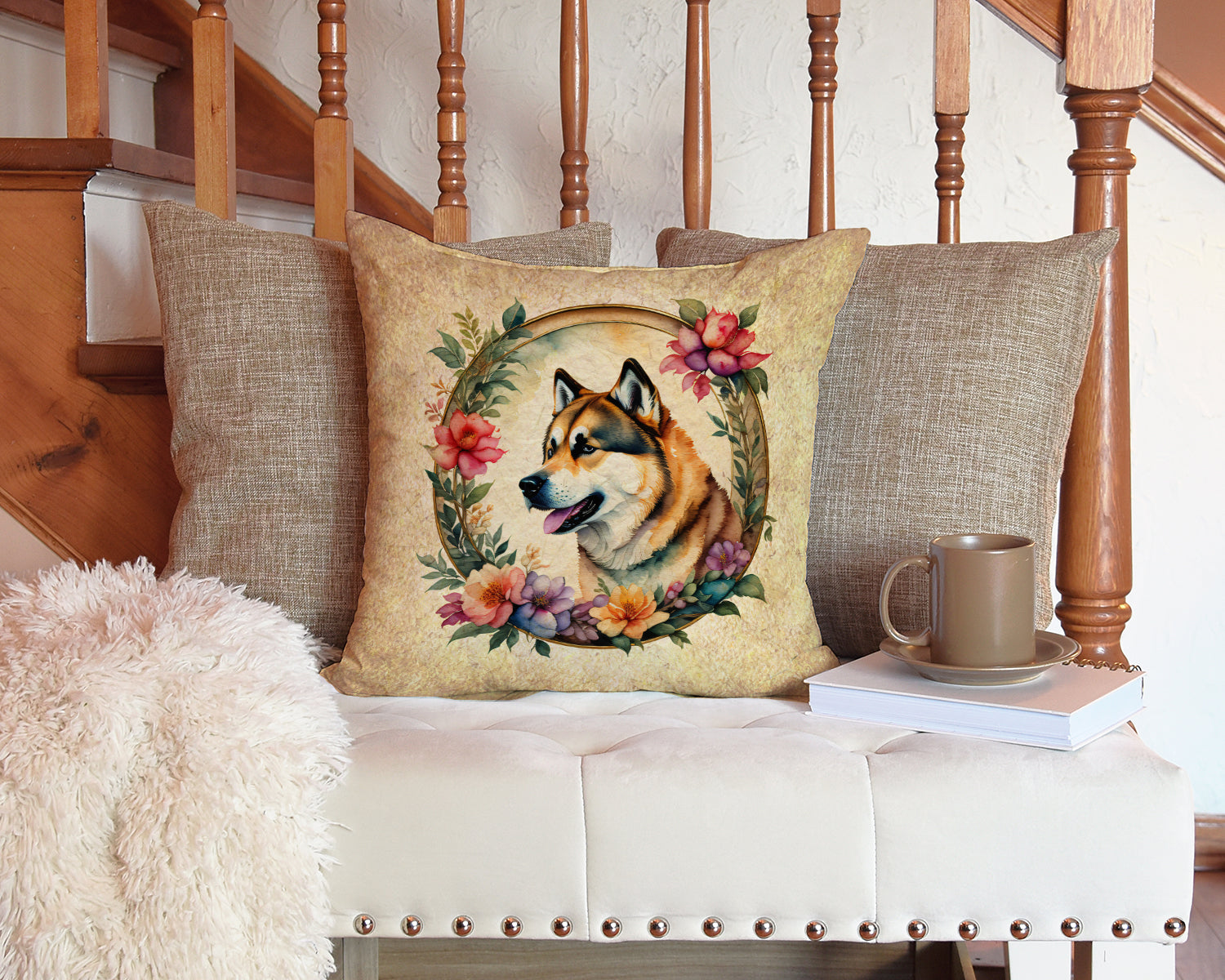 Akita and Flowers Decorative Throw Pillow 14x14 Indoor Outdoor Accent Cushion, Fabric Cover with Insert for Sofa, Bed, Porch & Living Room
