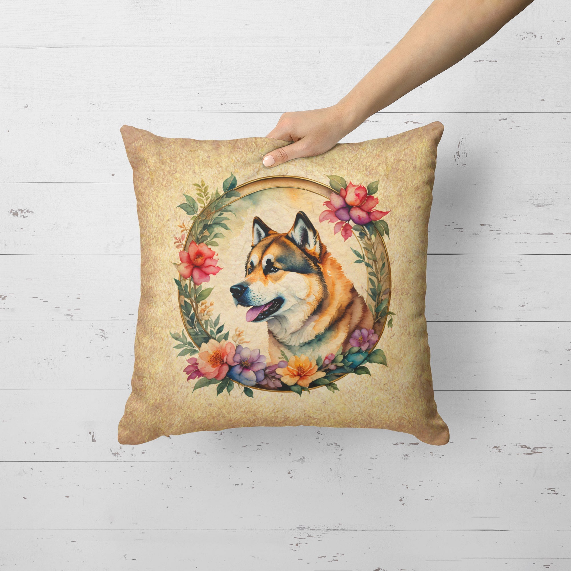 Akita and Flowers Decorative Throw Pillow 18x18 Indoor Outdoor Accent Cushion, Fabric Cover with Insert for Sofa, Bed, Porch & Living Room