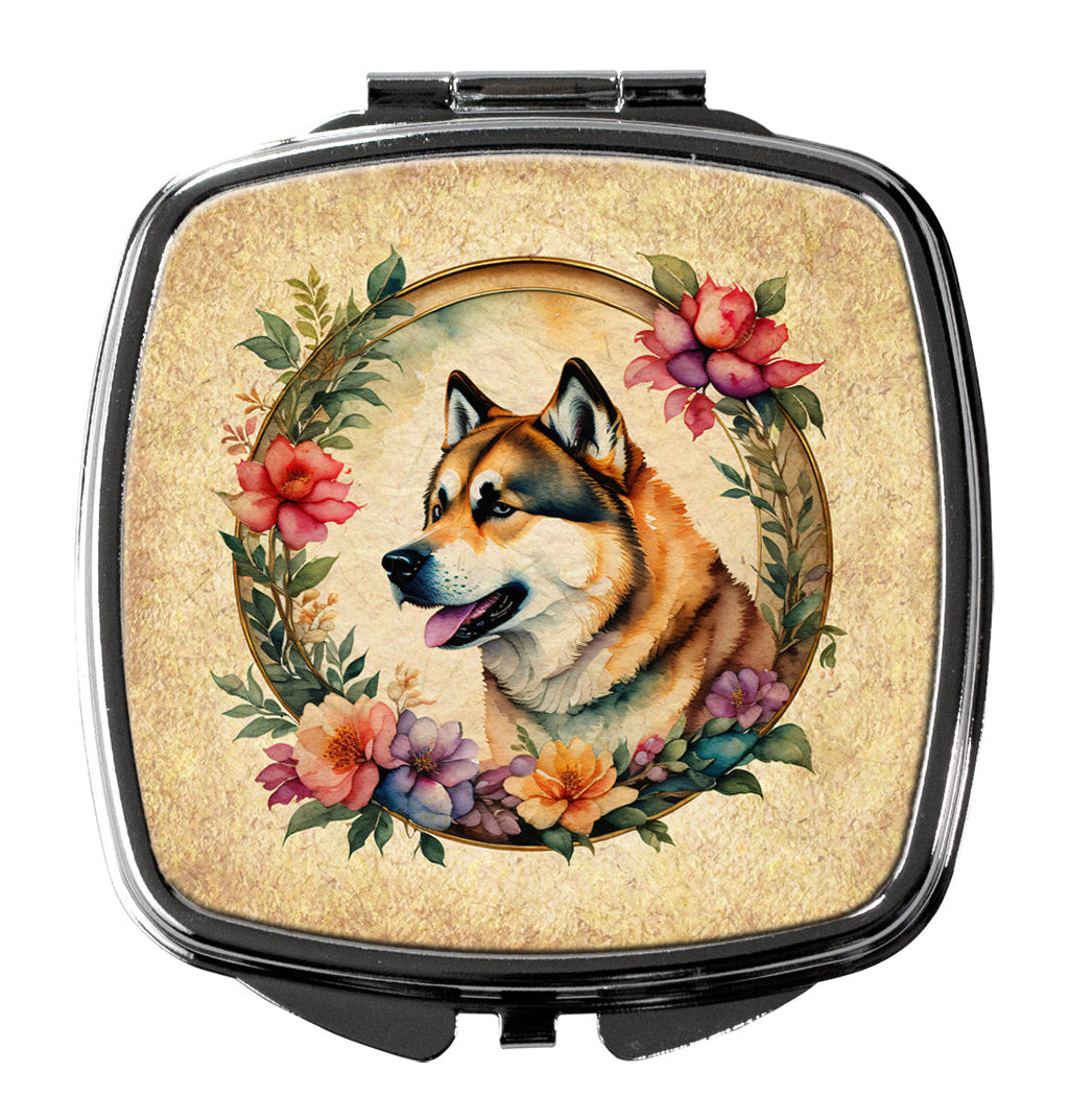 Akita and Flowers Compact Mirror Decorative Travel Makeup Mirror for Women Girls Gifts Pocket Makeup Mirror Folding Handheld