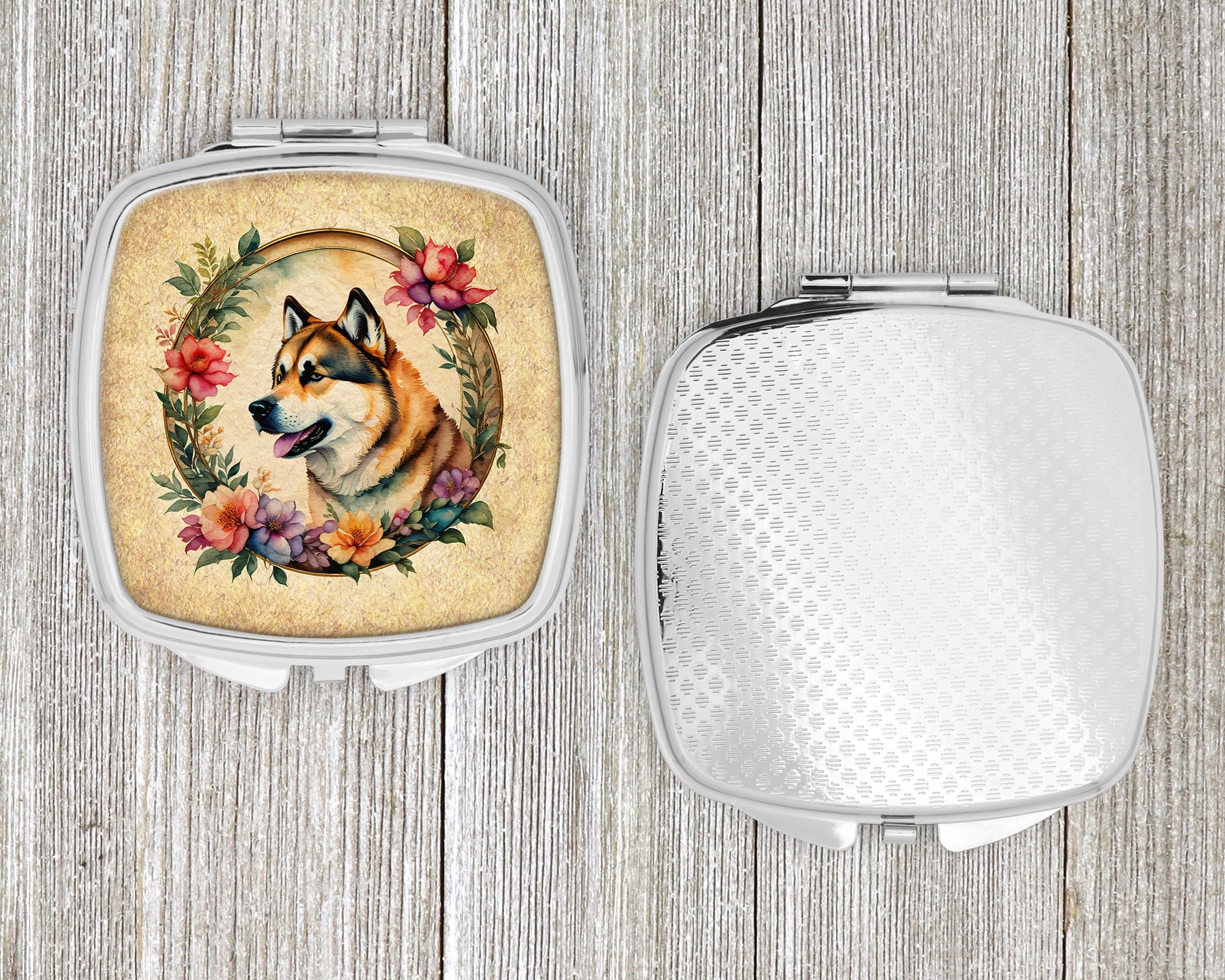 Akita and Flowers Compact Mirror Decorative Travel Makeup Mirror for Women Girls Gifts Pocket Makeup Mirror Folding Handheld