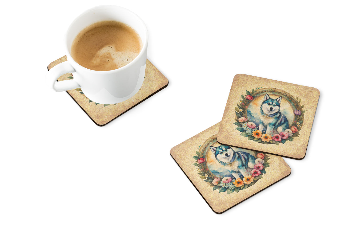 Alaskan Klee Kai and Flowers Foam Coasters Set of 4 Cup Coasters for Indoor Outdoor, Tabletop Protection, Anti Slip, Mouse pad Material