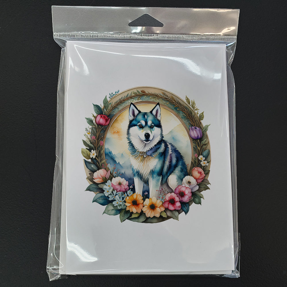 Alaskan Klee Kai and Flowers Greeting Cards Pack of 8 Blank Cards with Envelopes Whimsical A7 Size 5x7