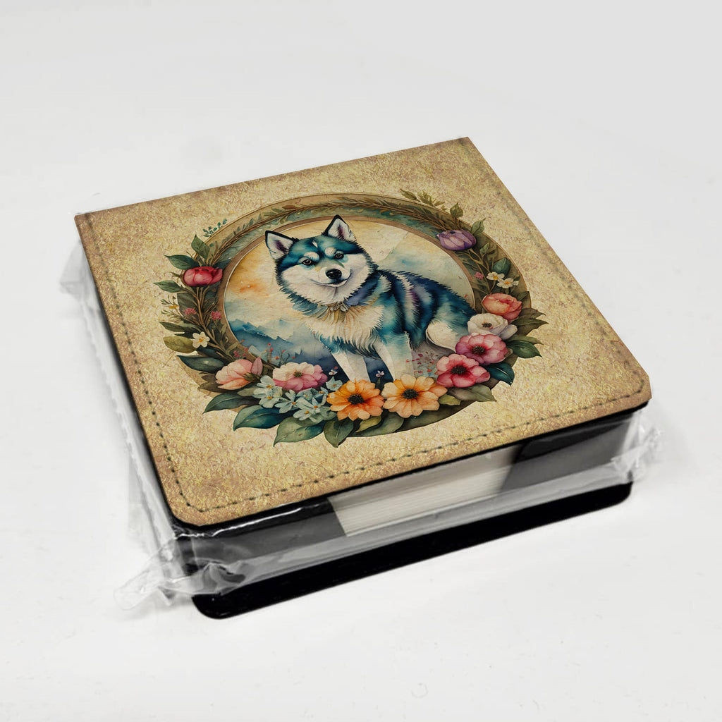 Alaskan Klee Kai and Flowers PU Leather Note Paper Holder with Artist-Designed Cover, Desk Accessory, Office Gift