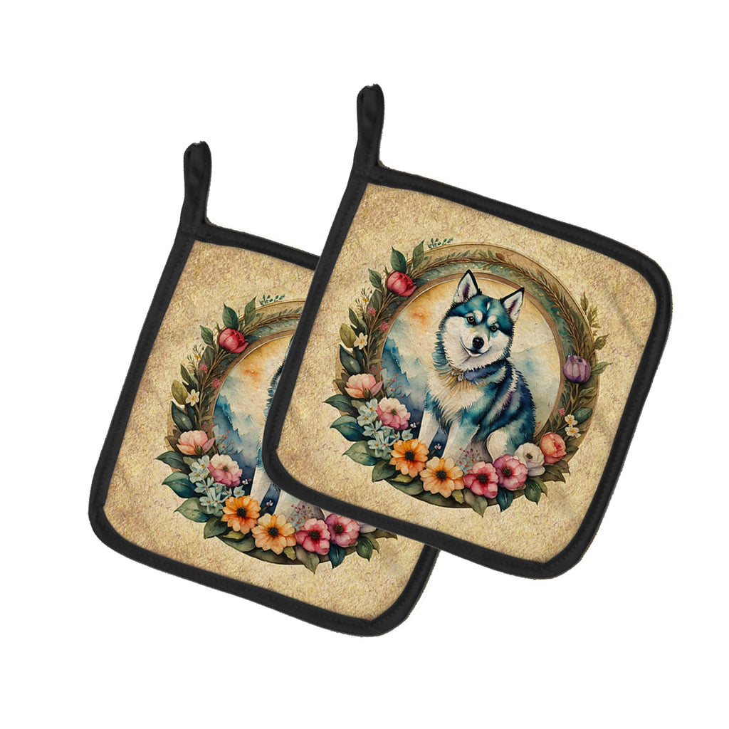Alaskan Klee Kai and Flowers Pot Holder Set of 2 Heat Resistant Quilted Hot Pads 7.5 x 7.5 Inch, Insulated Kitchen Trivets for Cooking & Baking