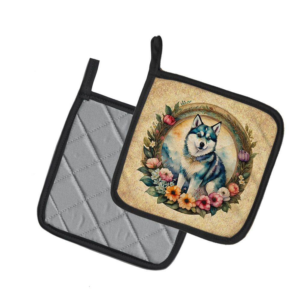 Alaskan Klee Kai and Flowers Pot Holder Set of 2 Heat Resistant Quilted Hot Pads 7.5 x 7.5 Inch, Insulated Kitchen Trivets for Cooking & Baking