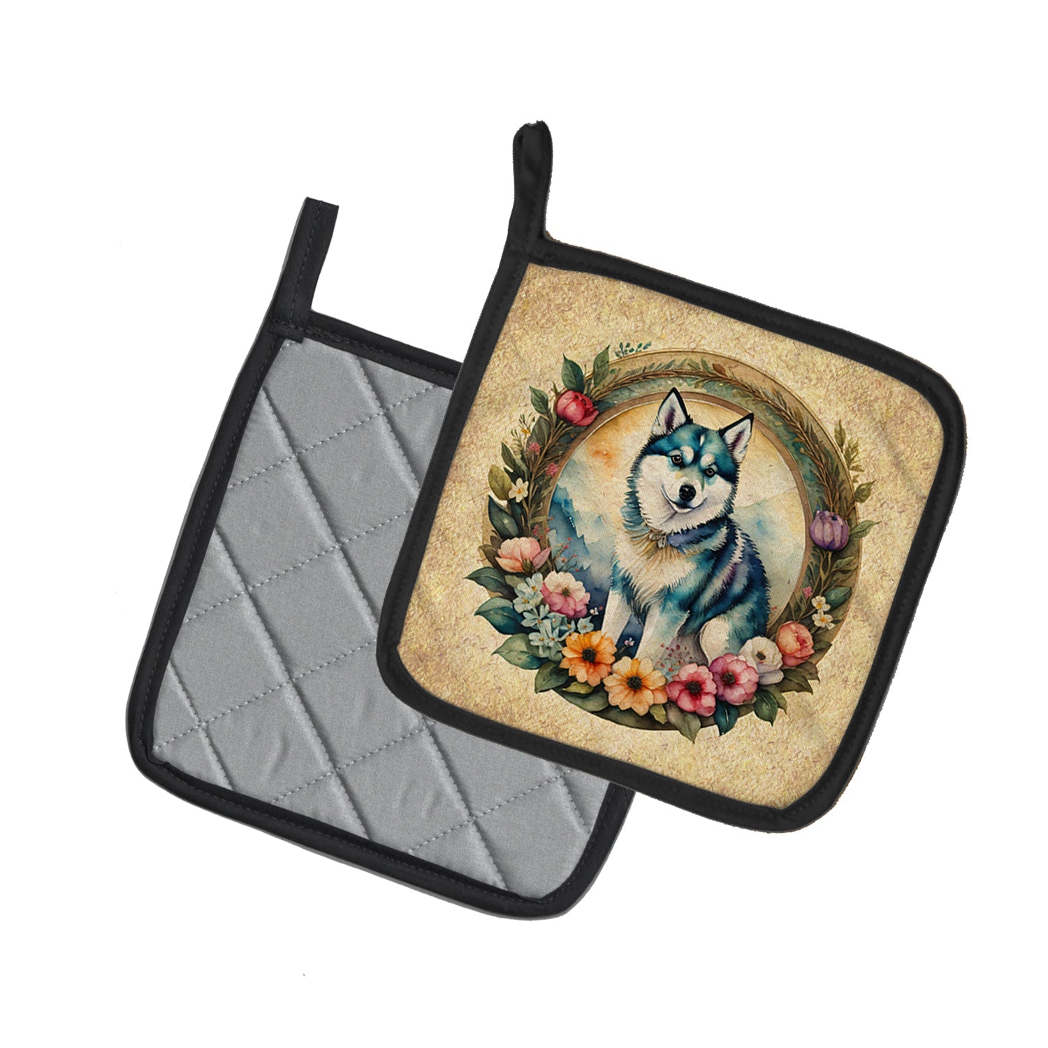 Alaskan Klee Kai and Flowers Pot Holder Set of 2 Heat Resistant Quilted Hot Pads 7.5 x 7.5 Inch, Insulated Kitchen Trivets for Cooking & Baking