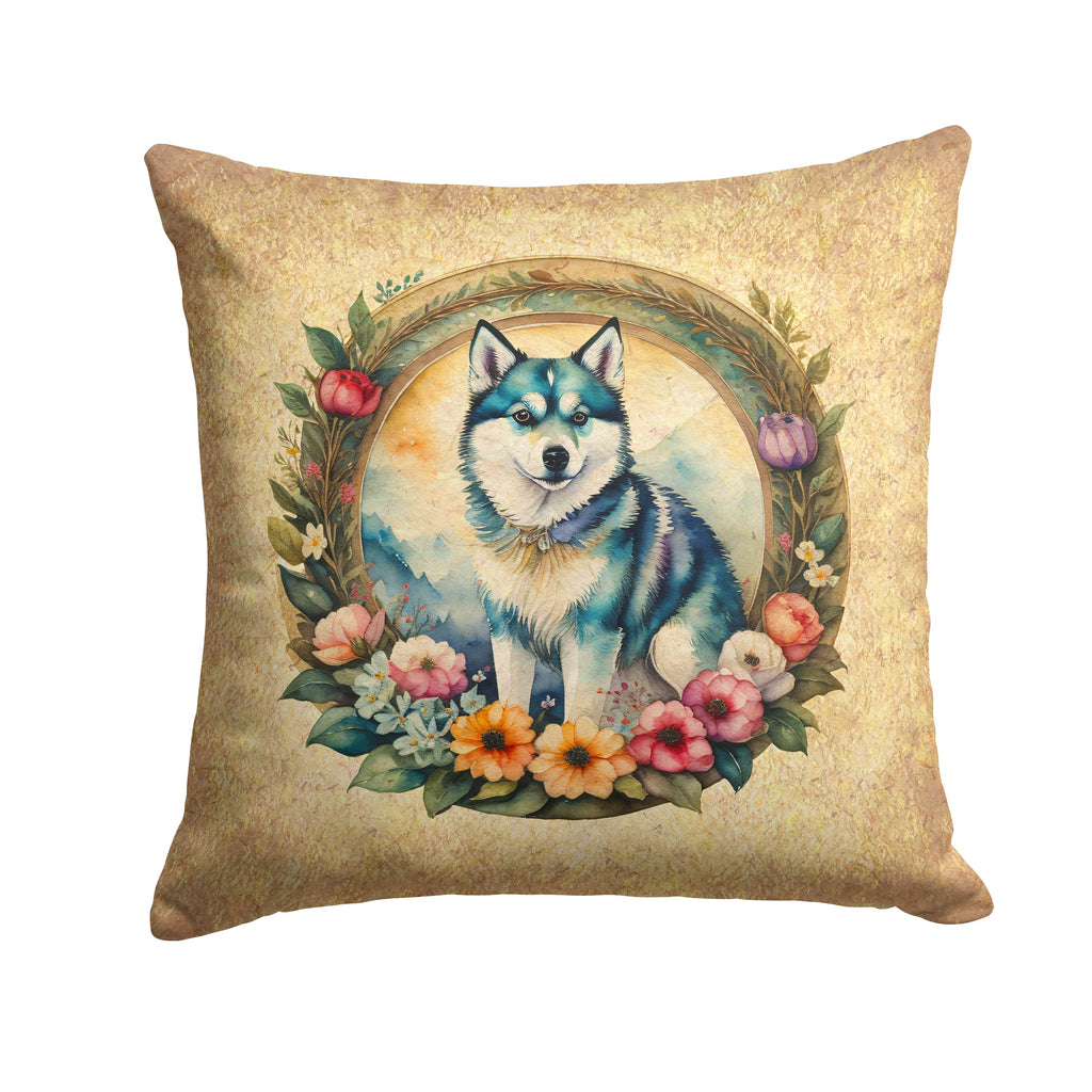 Alaskan Klee Kai and Flowers Decorative Throw Pillow 14x14 Indoor Outdoor Accent Cushion, Fabric Cover with Insert for Sofa, Bed, Porch & Living Room