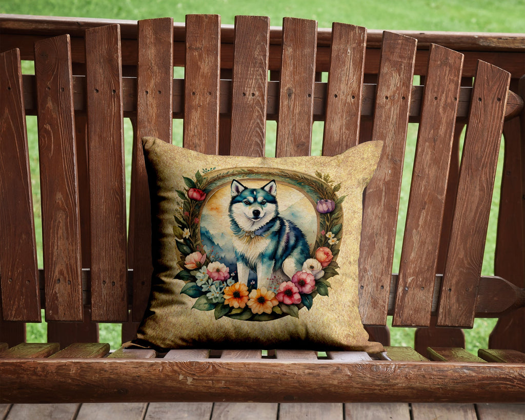 Alaskan Klee Kai and Flowers Decorative Throw Pillow 14x14 Indoor Outdoor Accent Cushion, Fabric Cover with Insert for Sofa, Bed, Porch & Living Room