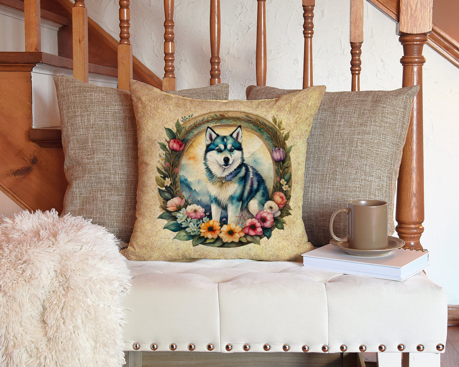 Alaskan Klee Kai and Flowers Decorative Throw Pillow 14x14 Indoor Outdoor Accent Cushion, Fabric Cover with Insert for Sofa, Bed, Porch & Living Room