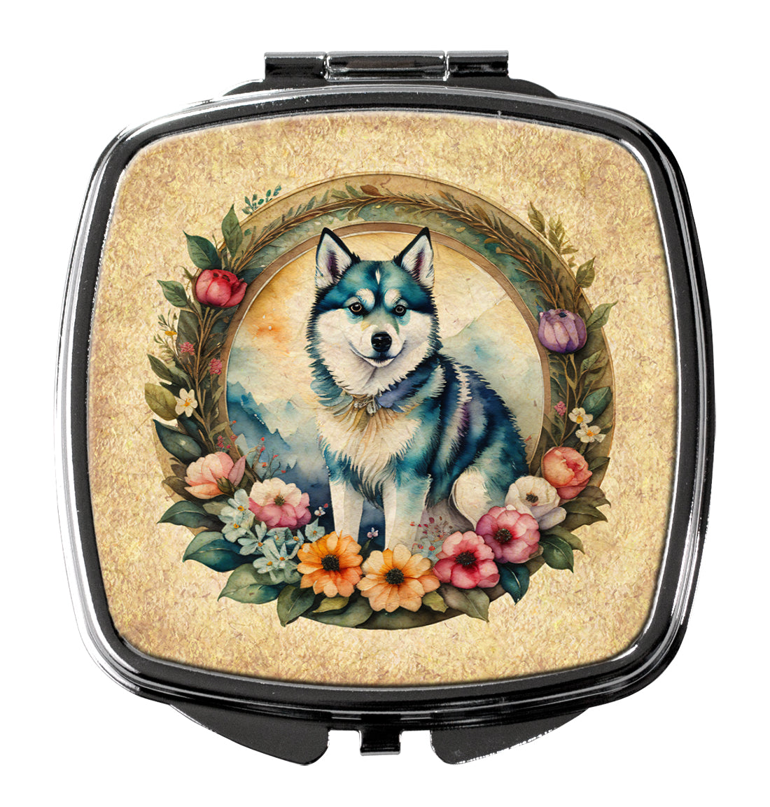 Alaskan Klee Kai and Flowers Compact Mirror Decorative Travel Makeup Mirror for Women Girls Gifts Pocket Makeup Mirror Folding Handheld
