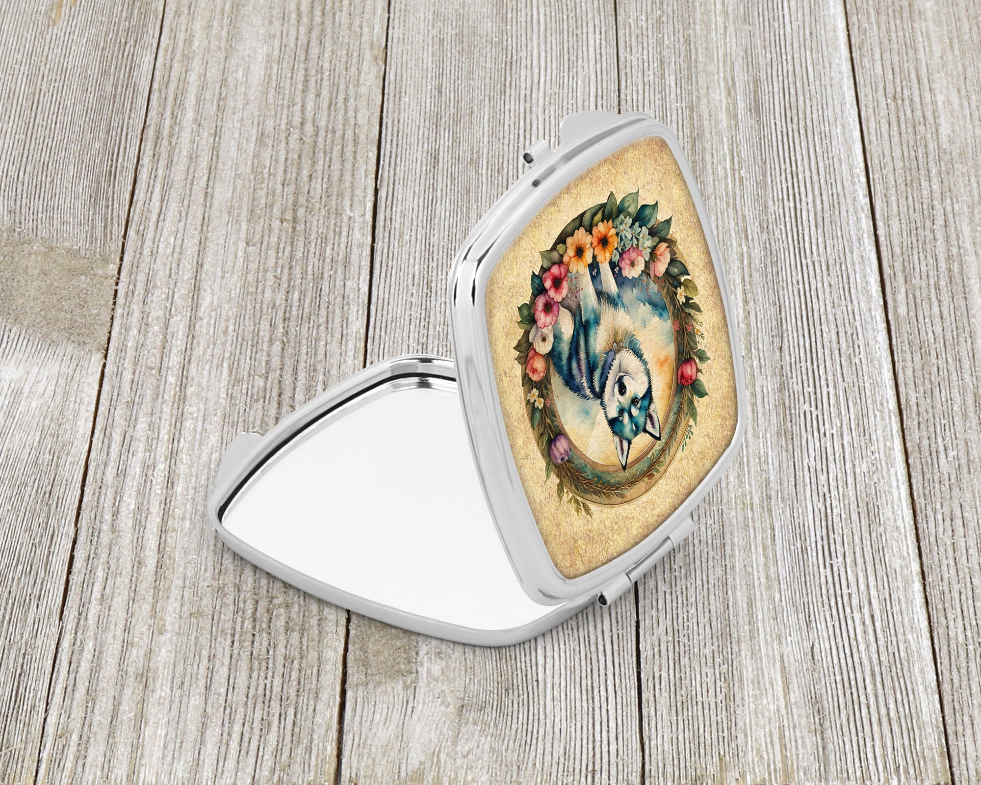 Alaskan Klee Kai and Flowers Compact Mirror Decorative Travel Makeup Mirror for Women Girls Gifts Pocket Makeup Mirror Folding Handheld
