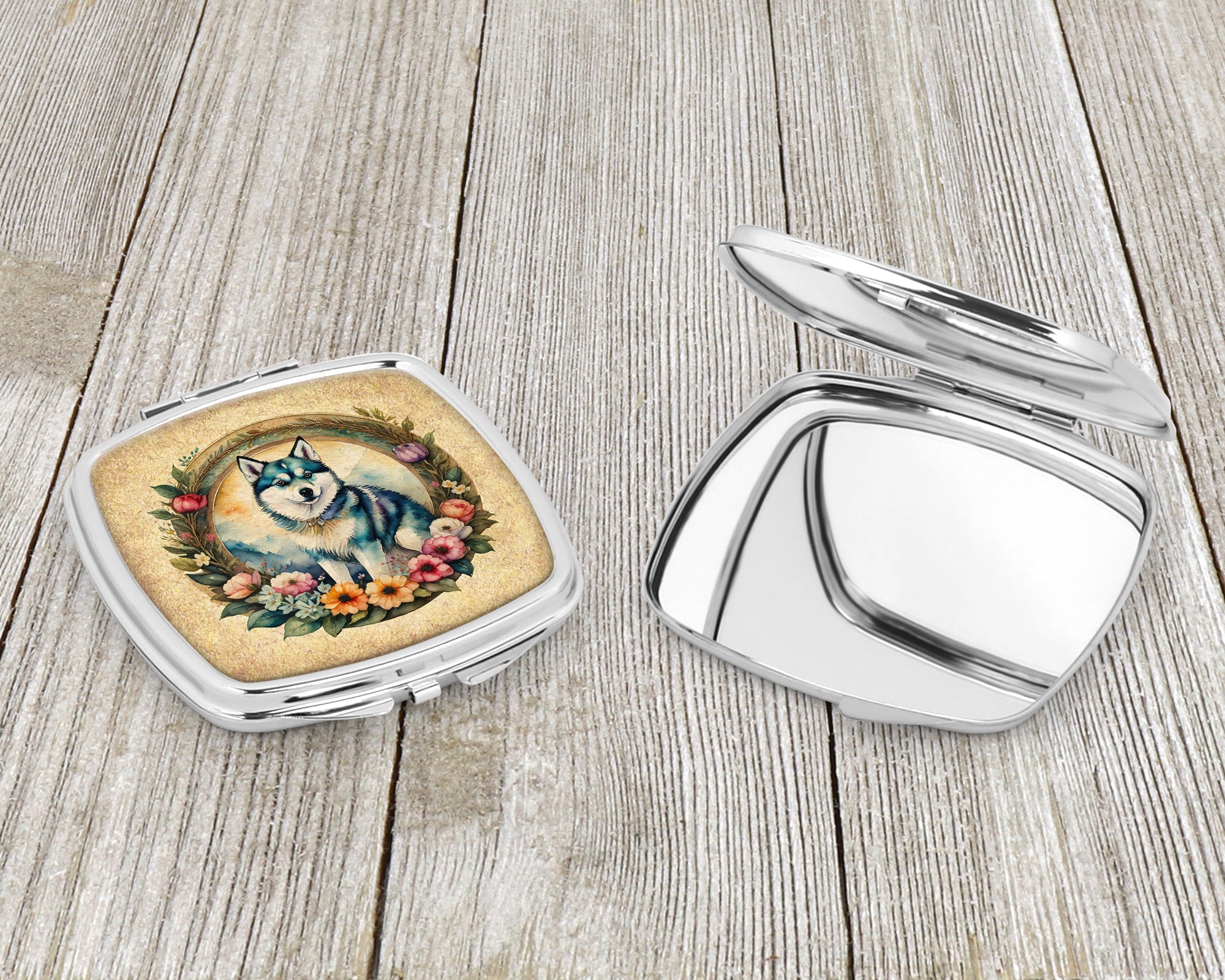 Alaskan Klee Kai and Flowers Compact Mirror Decorative Travel Makeup Mirror for Women Girls Gifts Pocket Makeup Mirror Folding Handheld