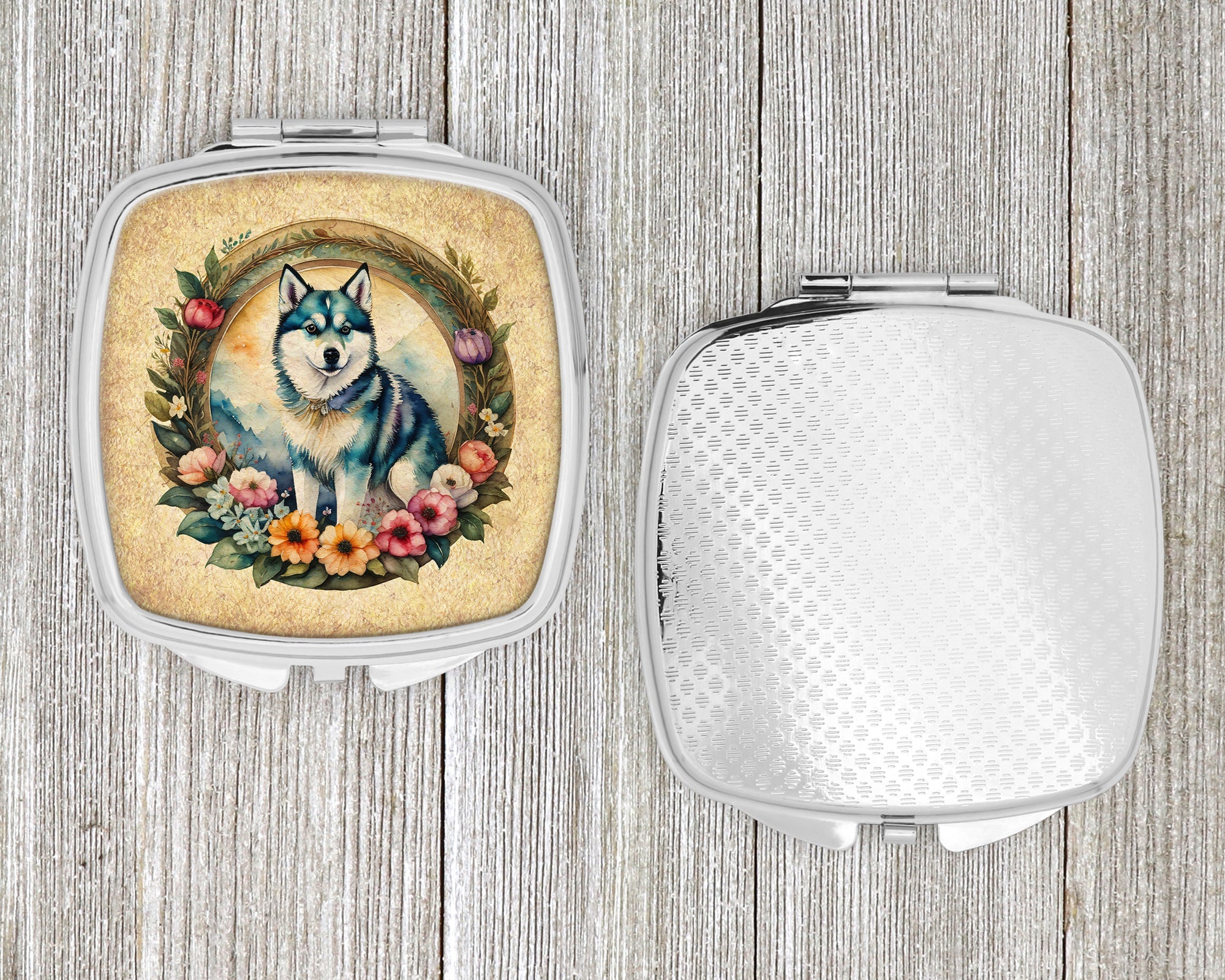 Alaskan Klee Kai and Flowers Compact Mirror Decorative Travel Makeup Mirror for Women Girls Gifts Pocket Makeup Mirror Folding Handheld