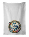 Alaskan Klee Kai and Flowers Kitchen Towel Set of 2 White Dish Towels Decorative Bathroom Hand towel for Hand, Face, Hair, Yoga, Tea, Dishcloth, 19 X 28", White