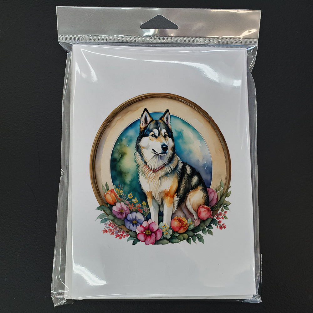 Alaskan Malamute and Flowers Greeting Cards Pack of 8 Blank Cards with Envelopes Whimsical A7 Size 5x7