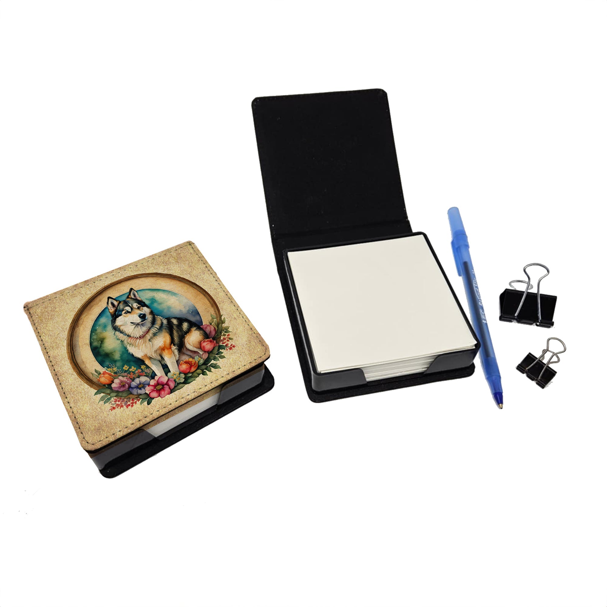 Alaskan Malamute and Flowers PU Leather Note Paper Holder with Artist-Designed Cover, Desk Accessory, Office Gift
