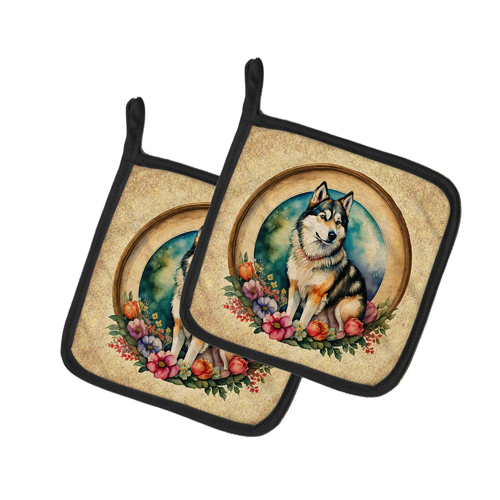 Alaskan Malamute and Flowers Pot Holder Set of 2 Heat Resistant Quilted Hot Pads 7.5 x 7.5 Inch, Insulated Kitchen Trivets for Cooking & Baking