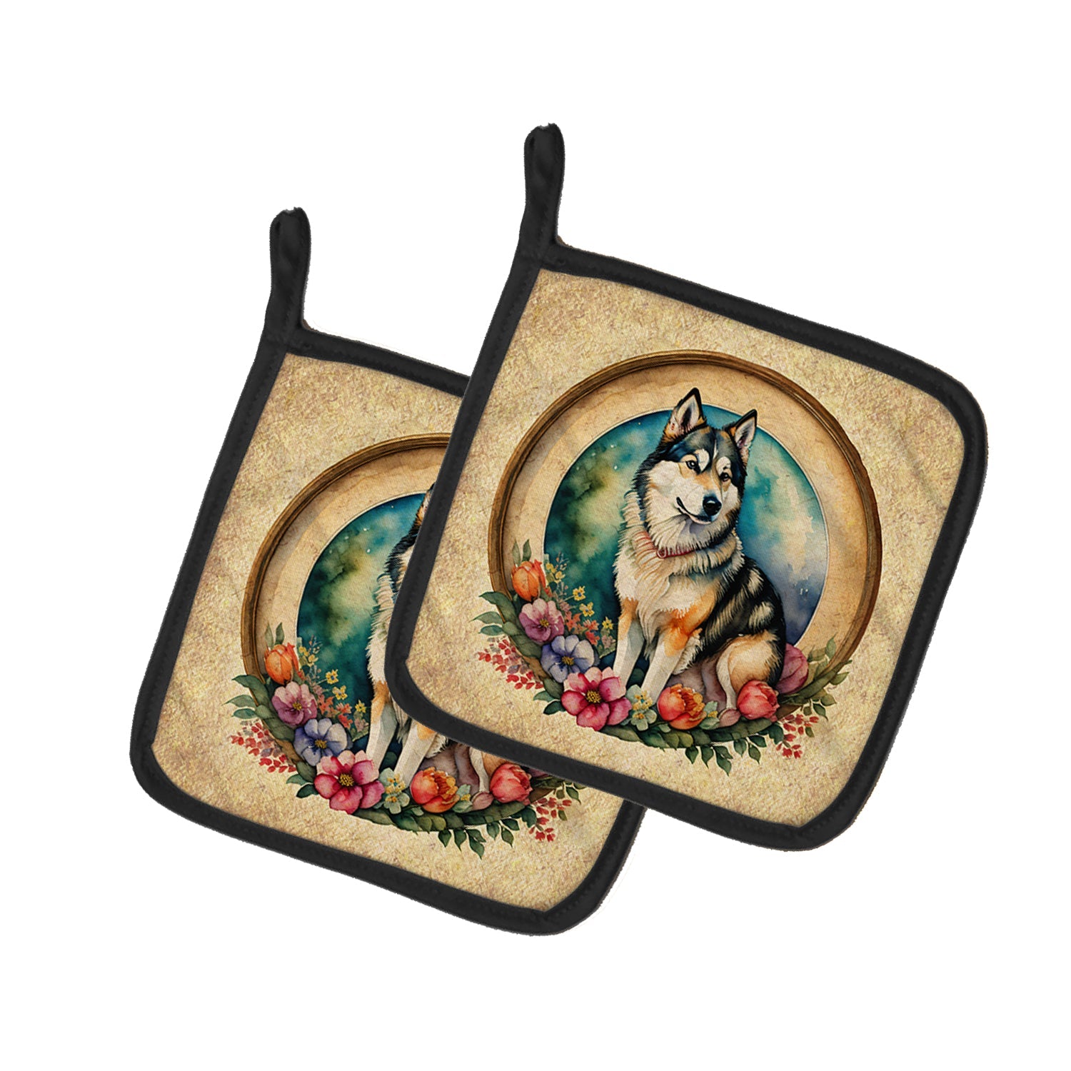 Alaskan Malamute and Flowers Pot Holder Set of 2 Heat Resistant Quilted Hot Pads 7.5 x 7.5 Inch, Insulated Kitchen Trivets for Cooking & Baking