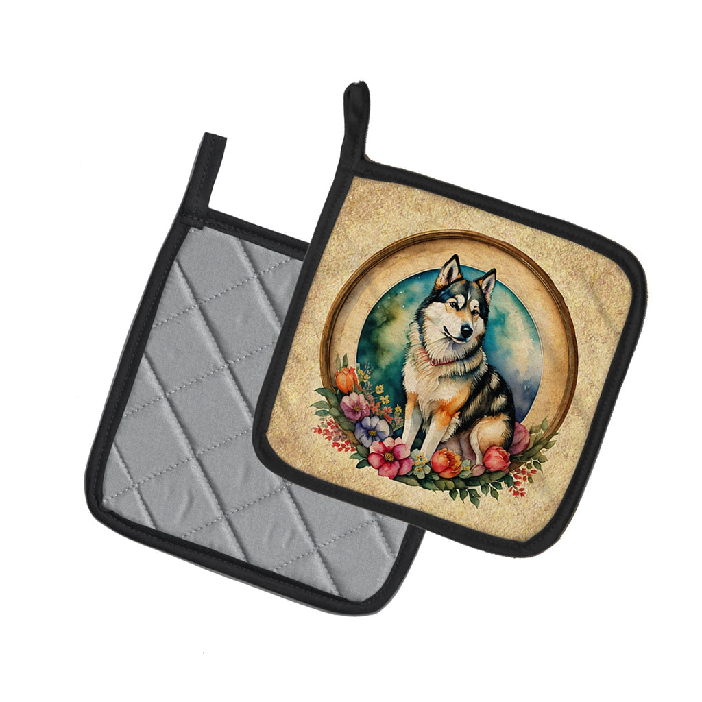Alaskan Malamute and Flowers Pot Holder Set of 2 Heat Resistant Quilted Hot Pads 7.5 x 7.5 Inch, Insulated Kitchen Trivets for Cooking & Baking