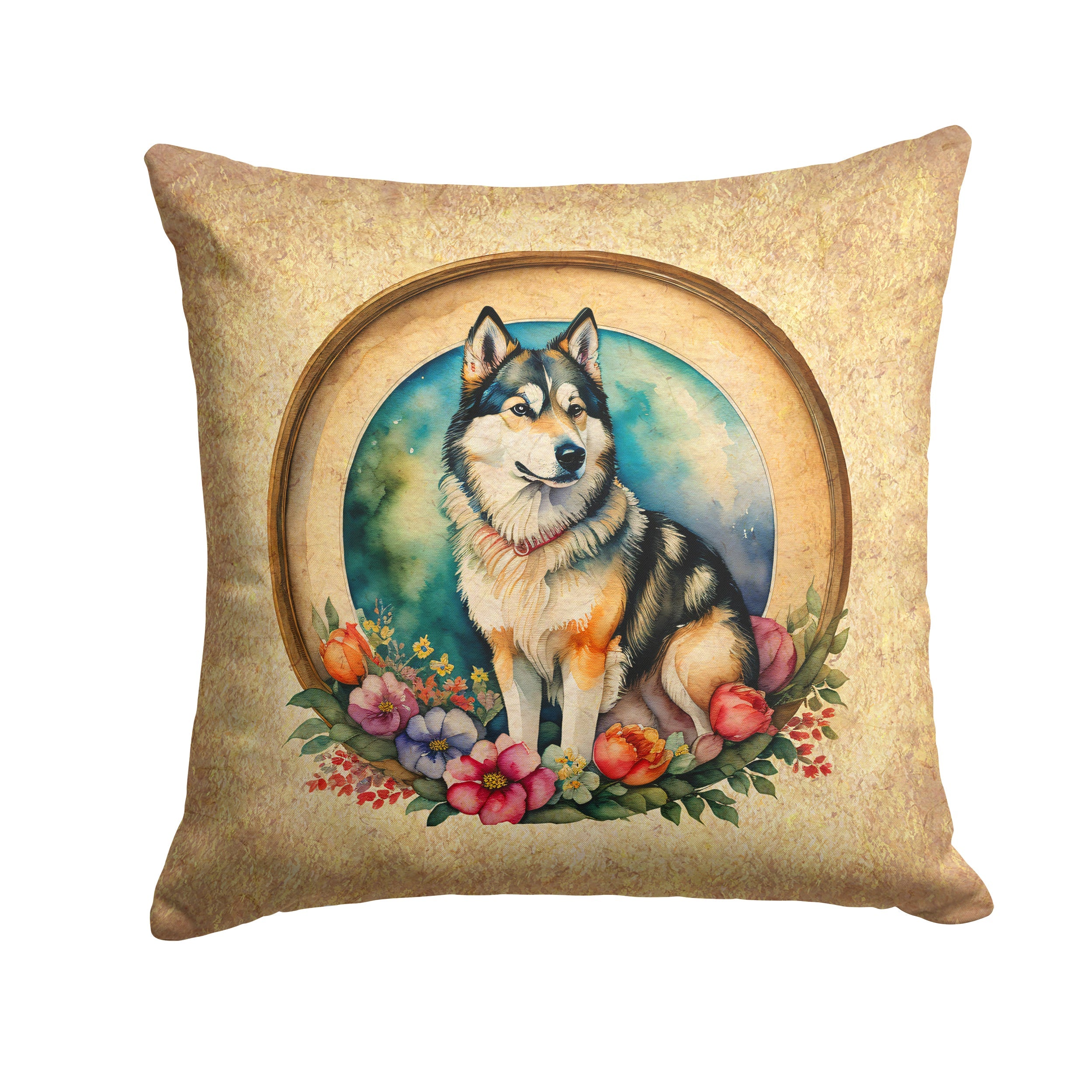 Alaskan Malamute and Flowers Decorative Throw Pillow 14x14 Indoor Outdoor Accent Cushion, Fabric Cover with Insert for Sofa, Bed, Porch & Living Room