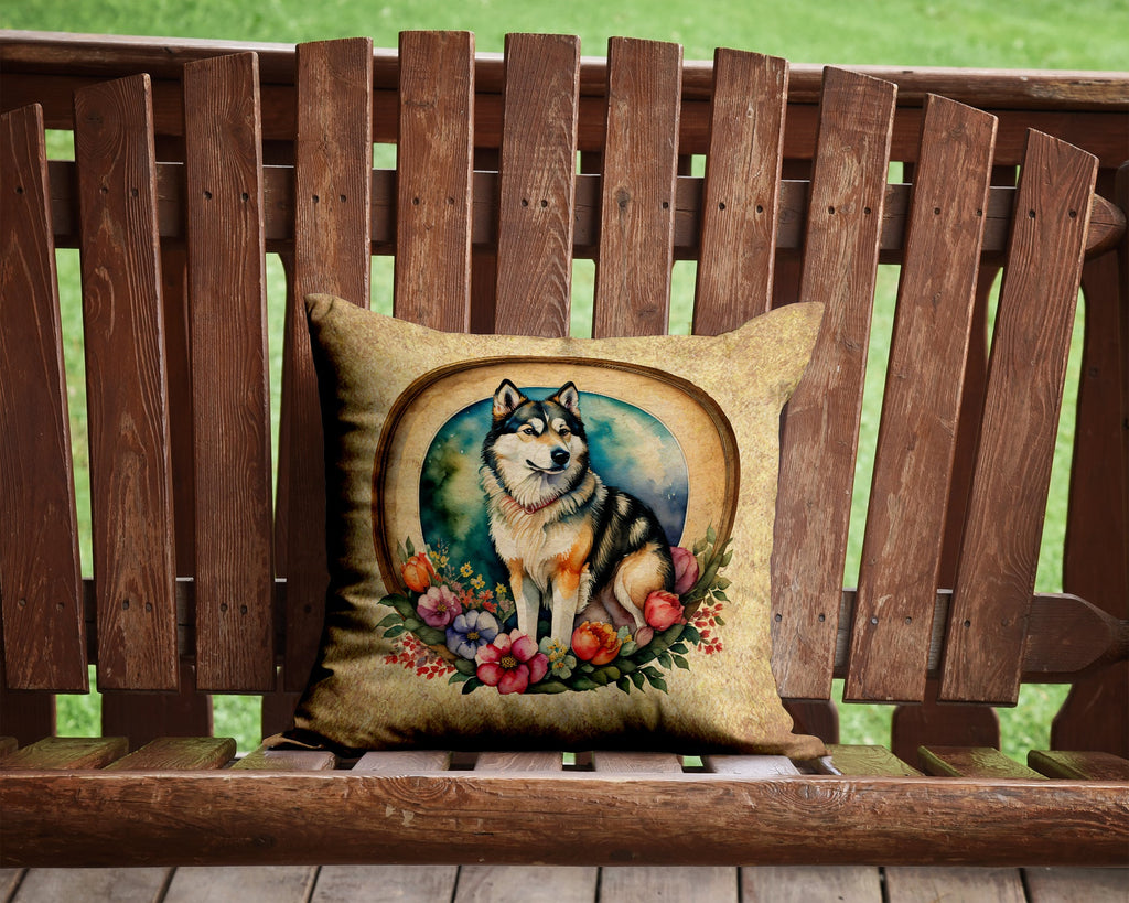 Alaskan Malamute and Flowers Decorative Throw Pillow 14x14 Indoor Outdoor Accent Cushion, Fabric Cover with Insert for Sofa, Bed, Porch & Living Room