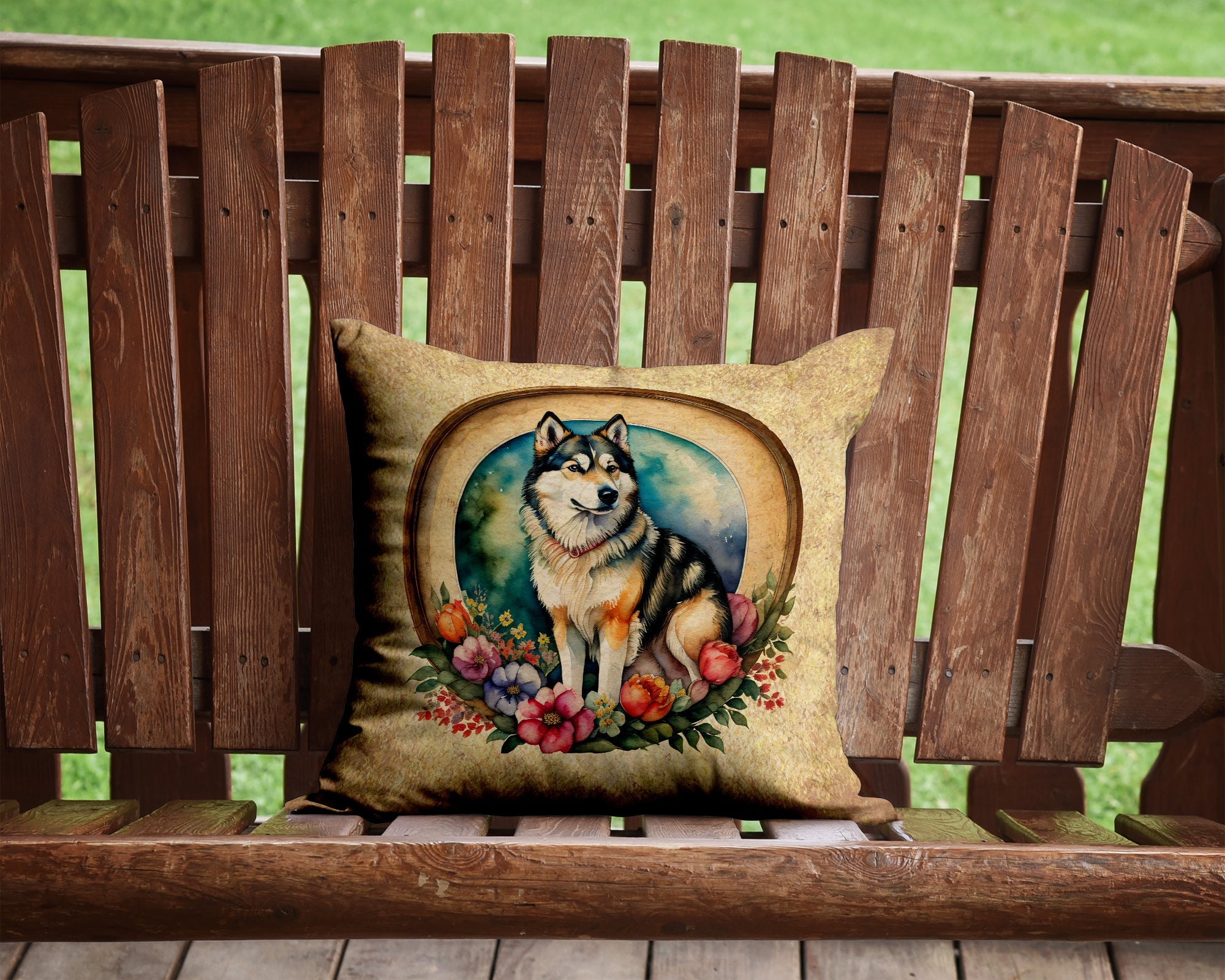 Alaskan Malamute and Flowers Decorative Throw Pillow 14x14 Indoor Outdoor Accent Cushion, Fabric Cover with Insert for Sofa, Bed, Porch & Living Room