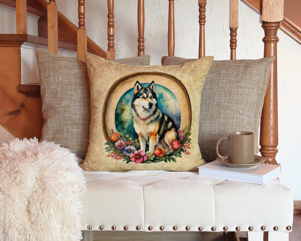 Alaskan Malamute and Flowers Decorative Throw Pillow 14x14 Indoor Outdoor Accent Cushion, Fabric Cover with Insert for Sofa, Bed, Porch & Living Room