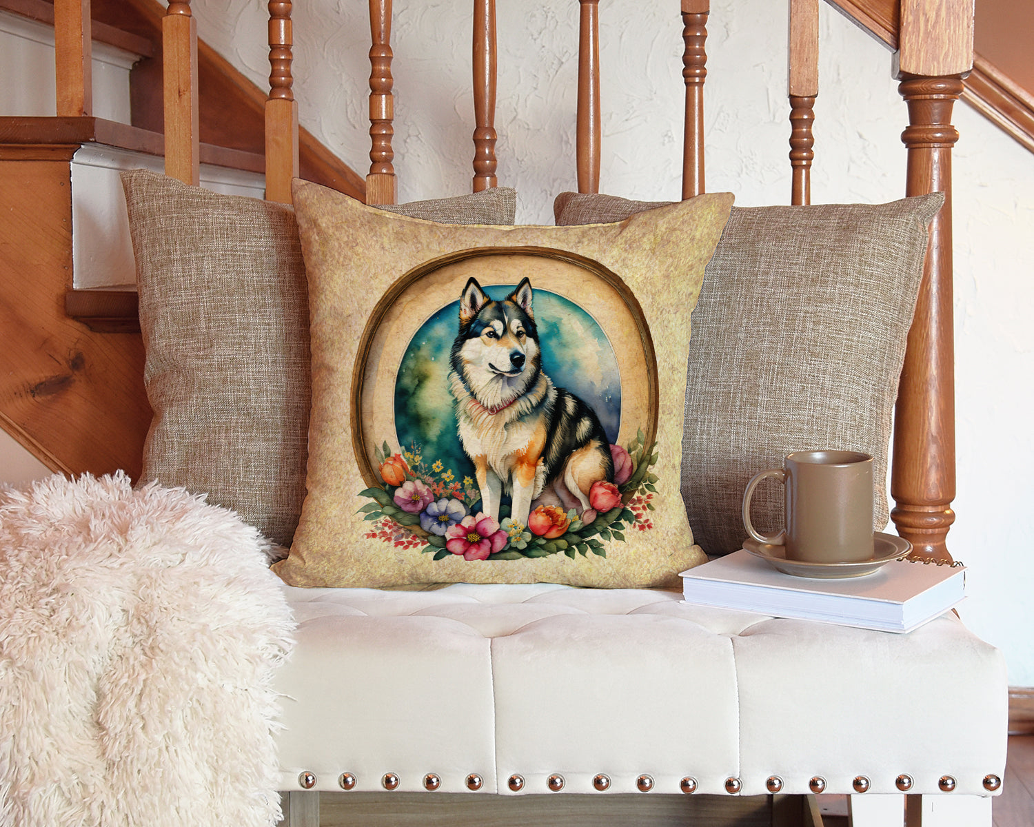 Alaskan Malamute and Flowers Decorative Throw Pillow 14x14 Indoor Outdoor Accent Cushion, Fabric Cover with Insert for Sofa, Bed, Porch & Living Room