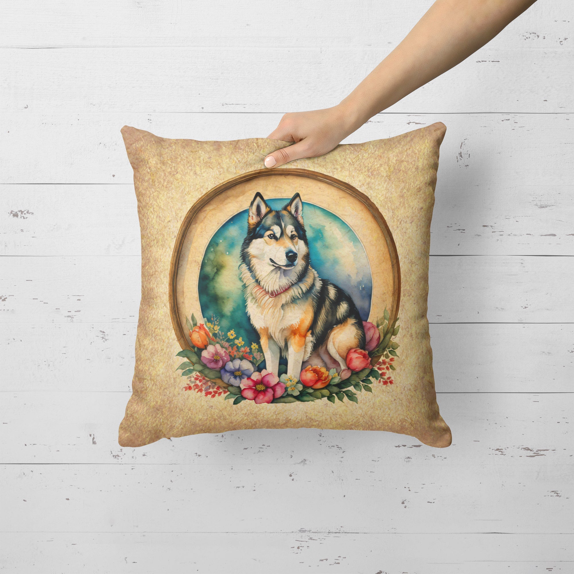 Alaskan Malamute and Flowers Decorative Throw Pillow 18x18 Indoor Outdoor Accent Cushion, Fabric Cover with Insert for Sofa, Bed, Porch & Living Room