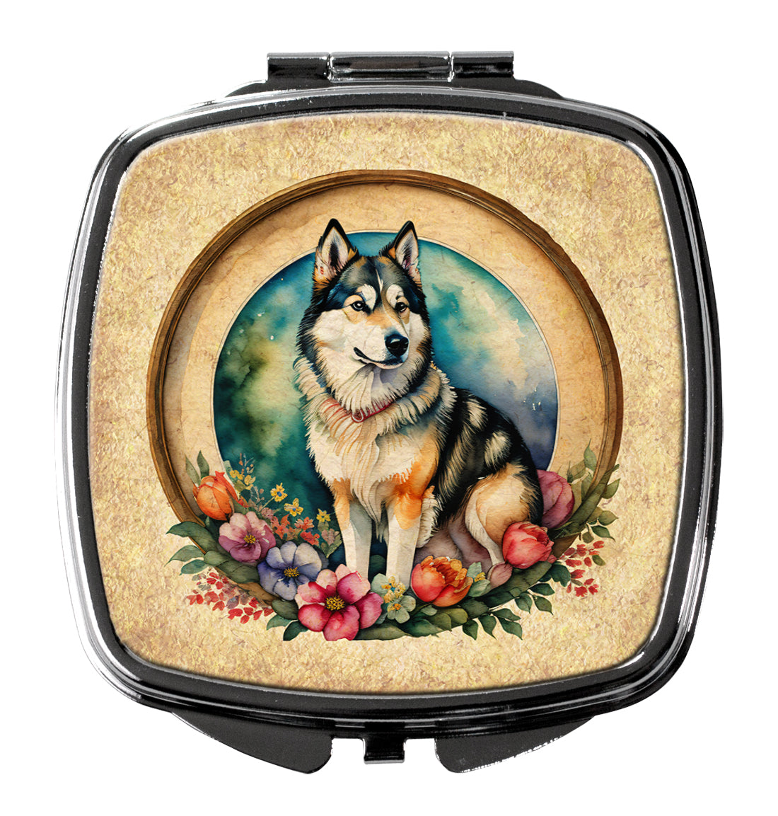 Alaskan Malamute and Flowers Compact Mirror Decorative Travel Makeup Mirror for Women Girls Gifts Pocket Makeup Mirror Folding Handheld