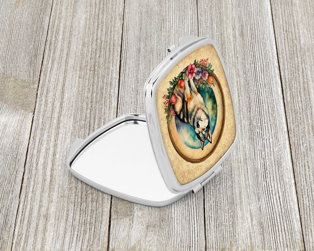 Alaskan Malamute and Flowers Compact Mirror Decorative Travel Makeup Mirror for Women Girls Gifts Pocket Makeup Mirror Folding Handheld