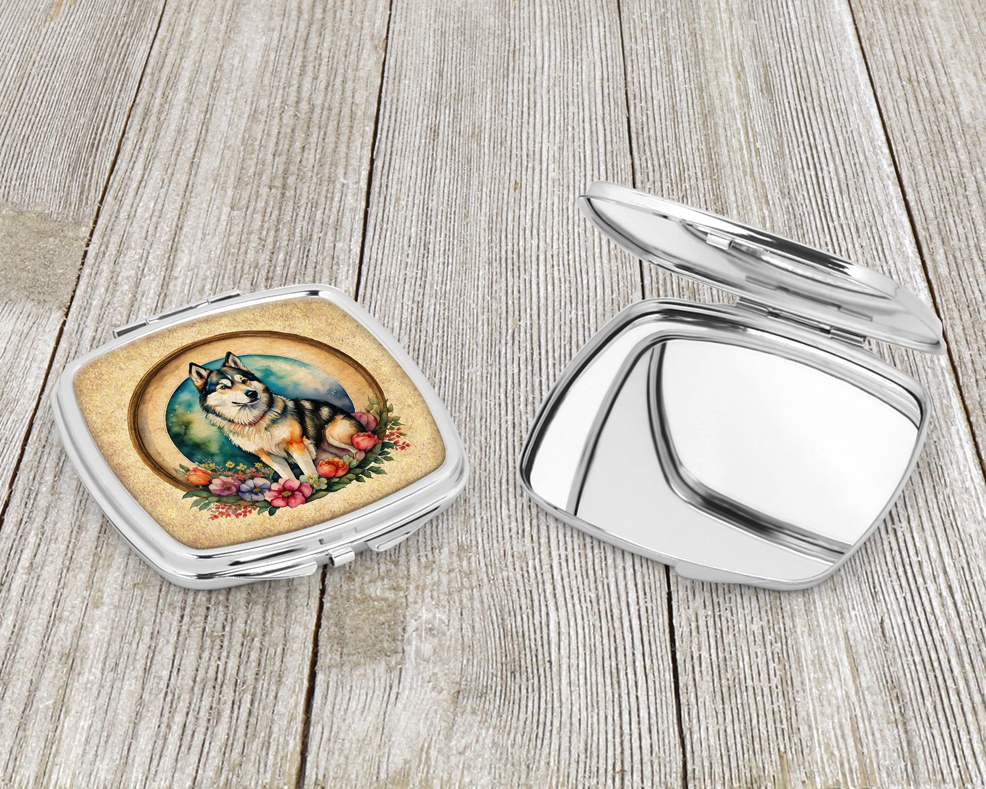 Alaskan Malamute and Flowers Compact Mirror Decorative Travel Makeup Mirror for Women Girls Gifts Pocket Makeup Mirror Folding Handheld