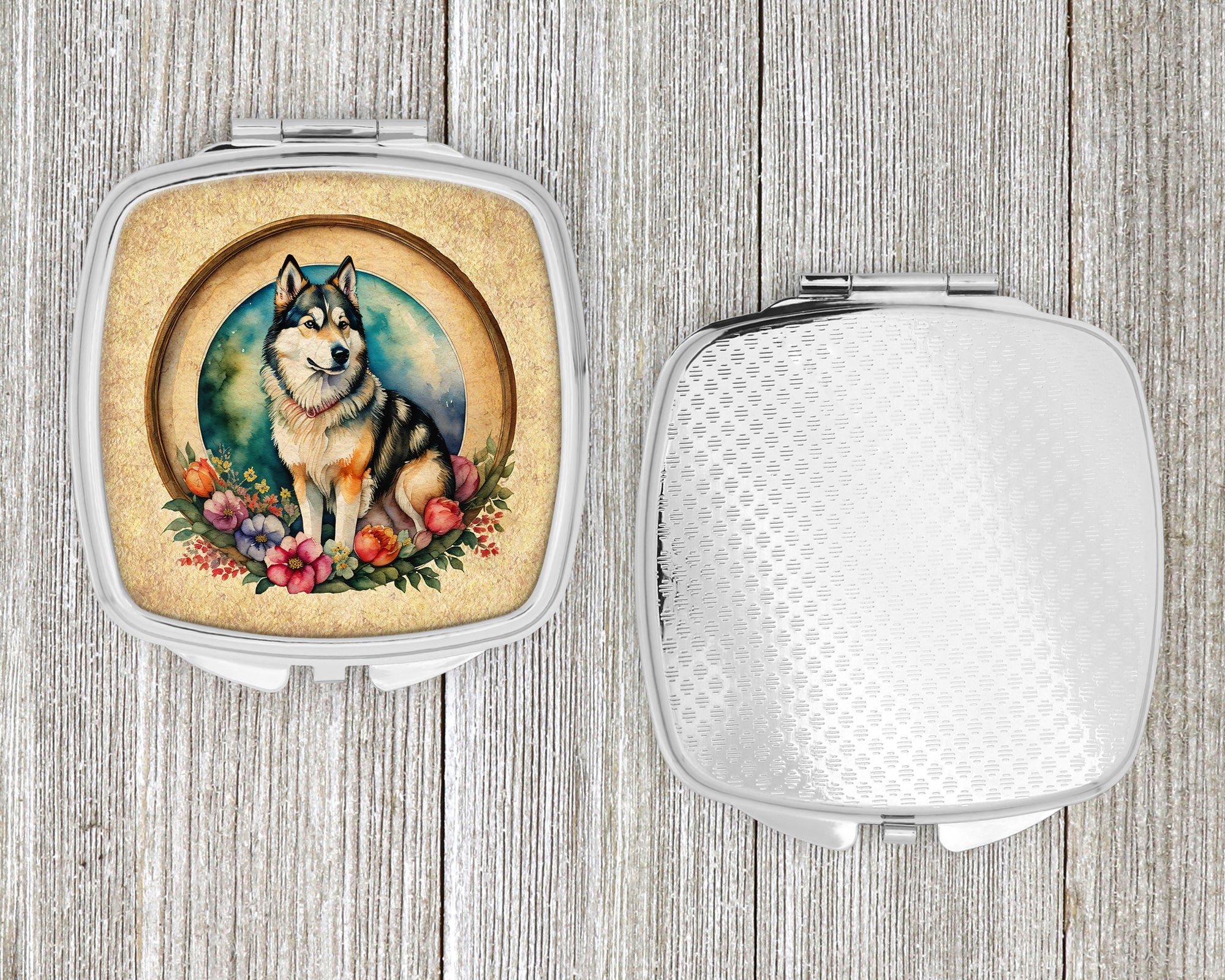 Alaskan Malamute and Flowers Compact Mirror Decorative Travel Makeup Mirror for Women Girls Gifts Pocket Makeup Mirror Folding Handheld