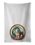 Alaskan Malamute and Flowers Kitchen Towel Set of 2 White Dish Towels Decorative Bathroom Hand towel for Hand, Face, Hair, Yoga, Tea, Dishcloth, 19 X 28", White